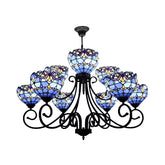 Victorian Stained Glass Chandelier - Multi-Head Tiffany Ornate Design in Brown/Blue for Hotels